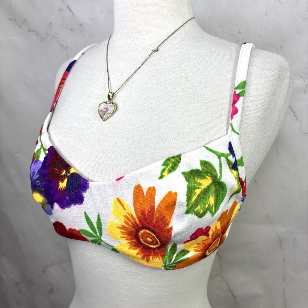 Vintage 80s Floral Bikini Top Illusions Underwire Retro Pinup Ditsy Summer 38C